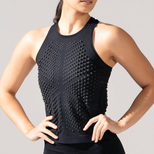 Close-up Front view of Female wearing Omorpho black G Tank