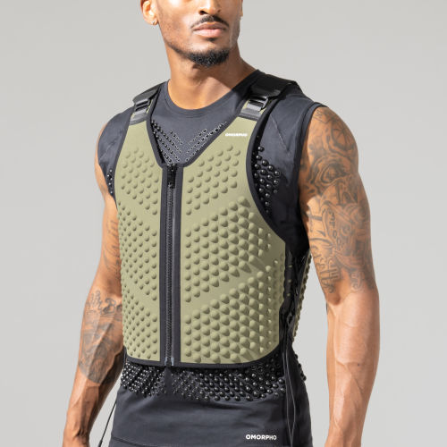 Close-up Front view of Male wearing Omorpho olive G Vest