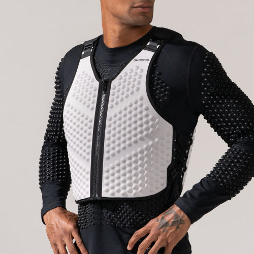 Close-up Front view of Male wearing OMORPHO White G-Vest weighted performance vest