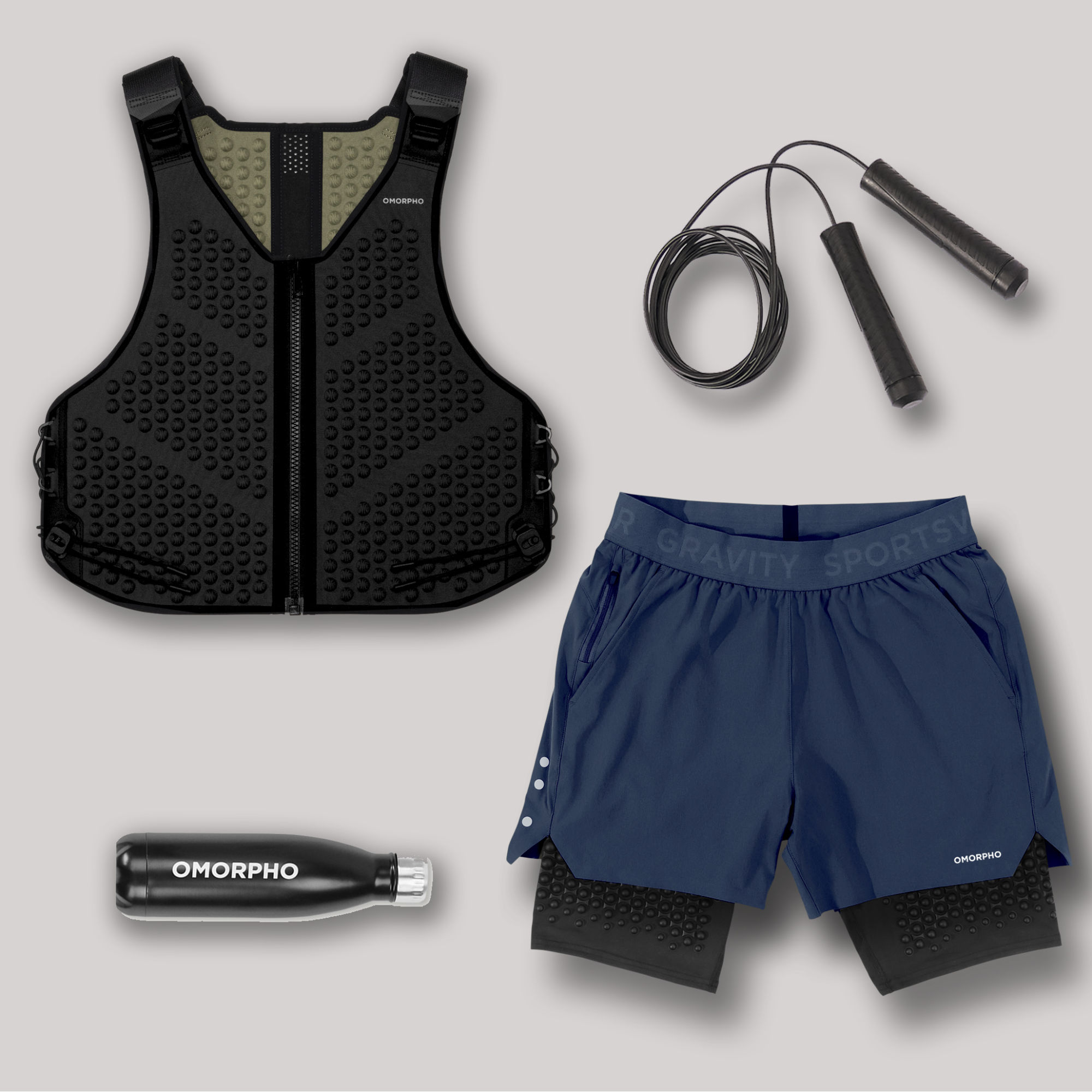 Laydown images of OMORPHO G-Vest+ and weighted G-Shorts for the Father's Day Bundle 2023