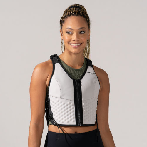 Front view of Female wearing OMORPHO White G-Vest weighted vest