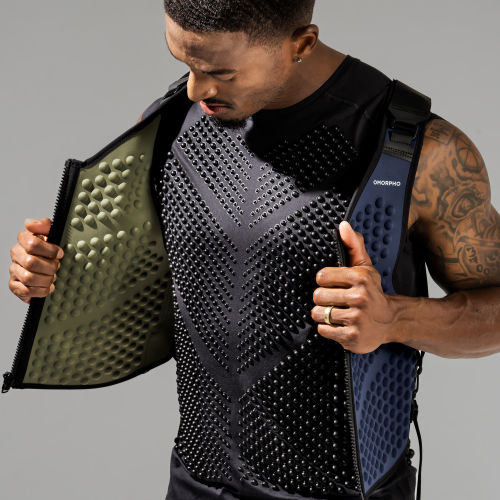 Inside view and texture of the navy blue OMORPHO Ocean G-Vest weighted workout vest for men.