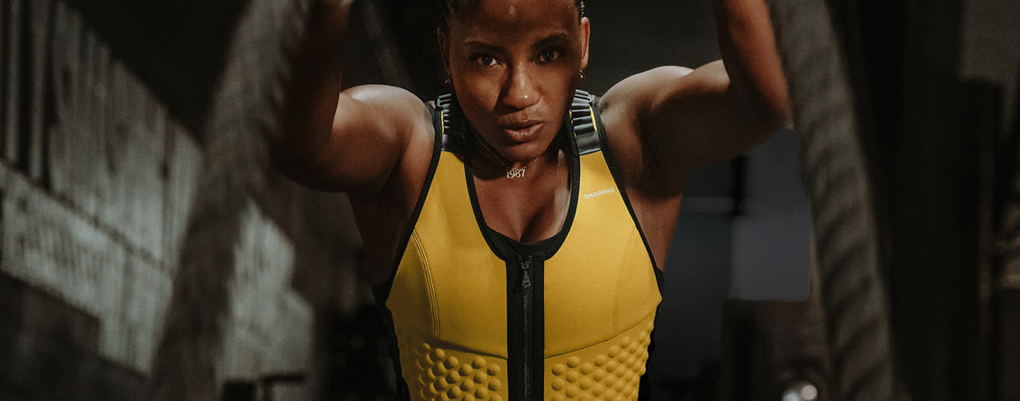 CDP Cover - Desktop - G-Vest - Woman does battle ropes in workout weight vest for women in color Sun yellow