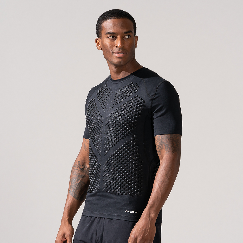 Front view of Male looking right wearing OMORPHO Black G-Top Short Sleeve weighted top