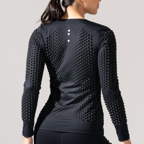 Back view of Female wearing OMORPHO Black G-Top Long Sleeve weighted workout shirt