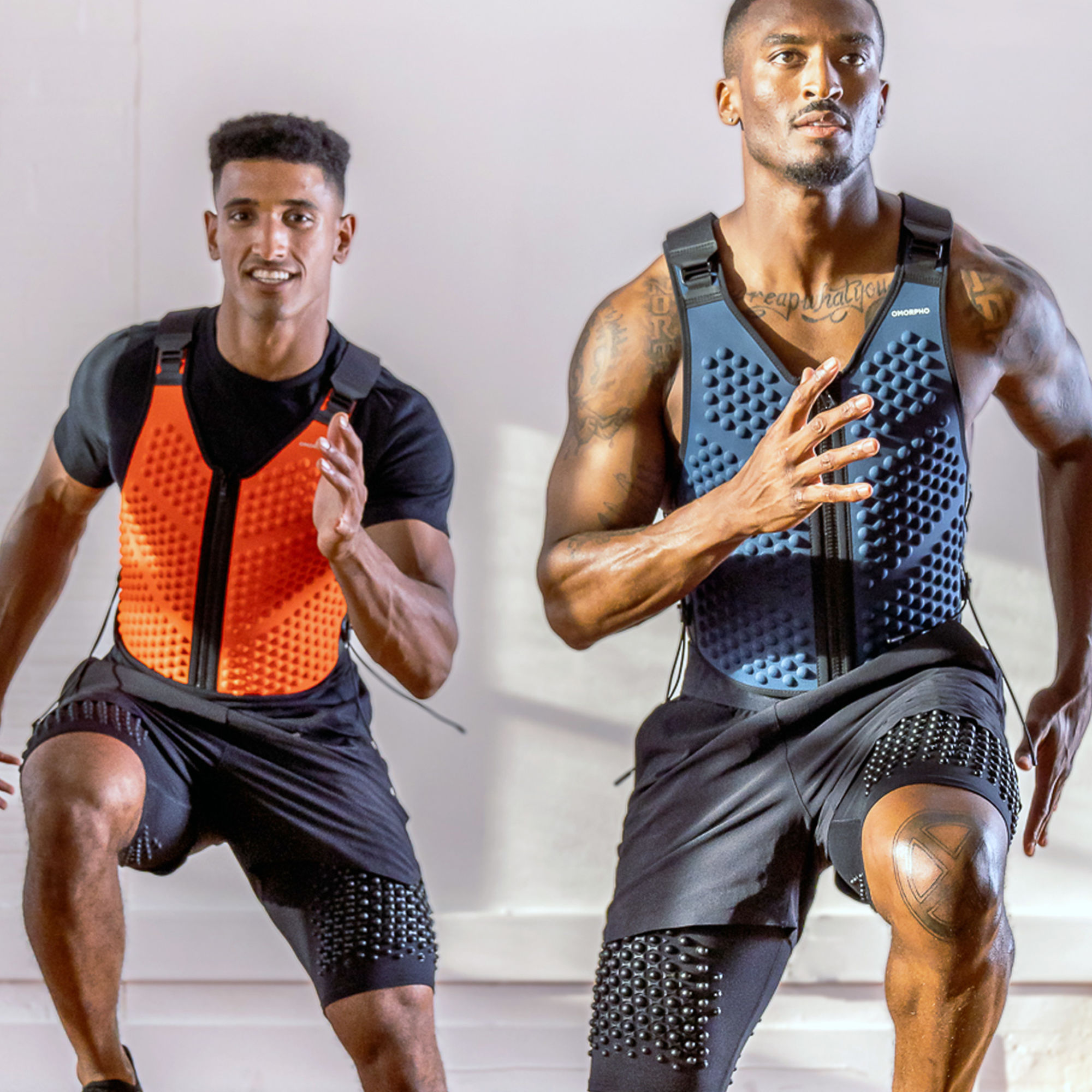 OMORPHO M Strength Bundle - two men workout in G-Vest Ocean and Fire and Black G-Short 