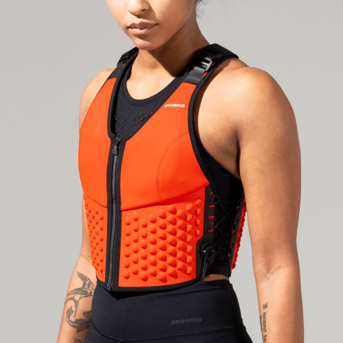 Front view of Female wearing Omorpho fire G Vest