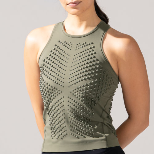 Cropped front view of a young woman wearing a weighted tank top Olive G-Tank from OMORPHO