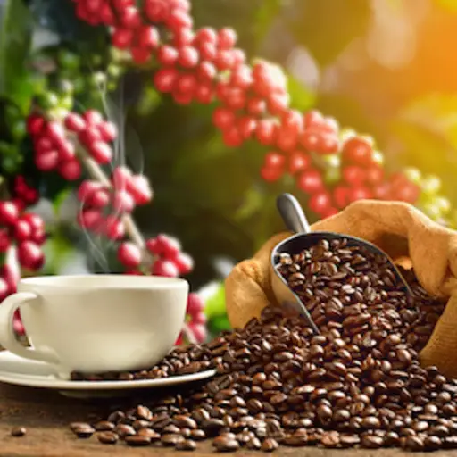 以咖啡树为背景的咖啡和咖啡豆。