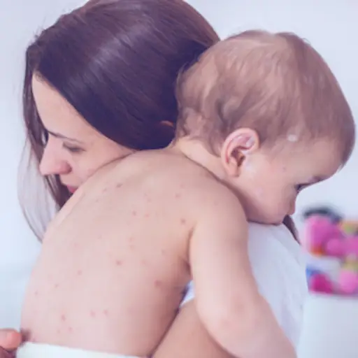 母亲抱着得了水痘的孩子。