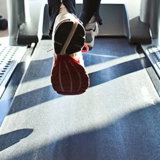 Sneakers of person running on treadmill.