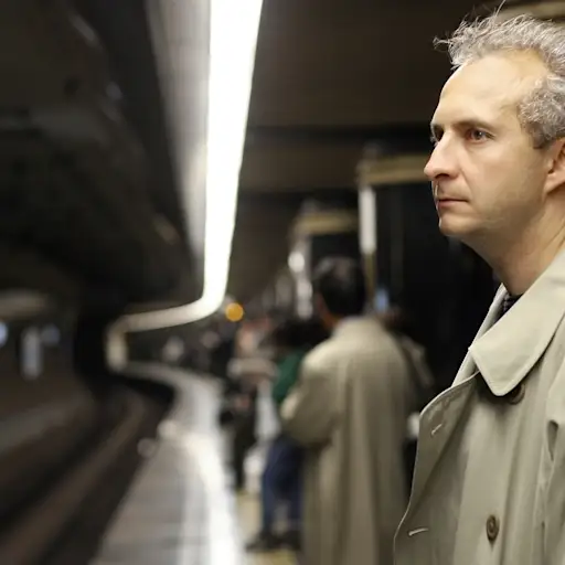 一个沮丧的男人站在铁轨上