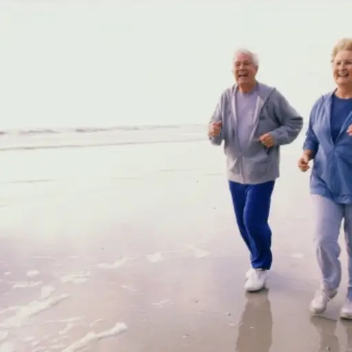 older couple jogging on beach