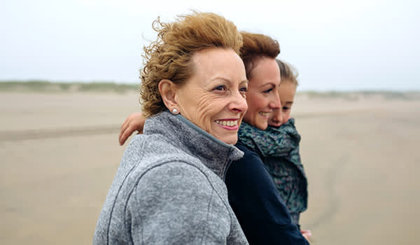 三代妇女走在海滩。