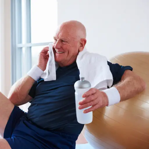 微笑的老人在运动后喝水。