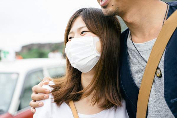女人穿着男人不戴口罩外科口罩户外