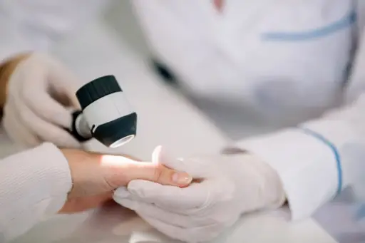检查痣的皮肤科医生特写镜头在女性患者的手上