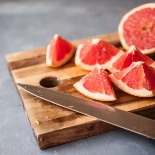 葡萄柚和刀子在切板