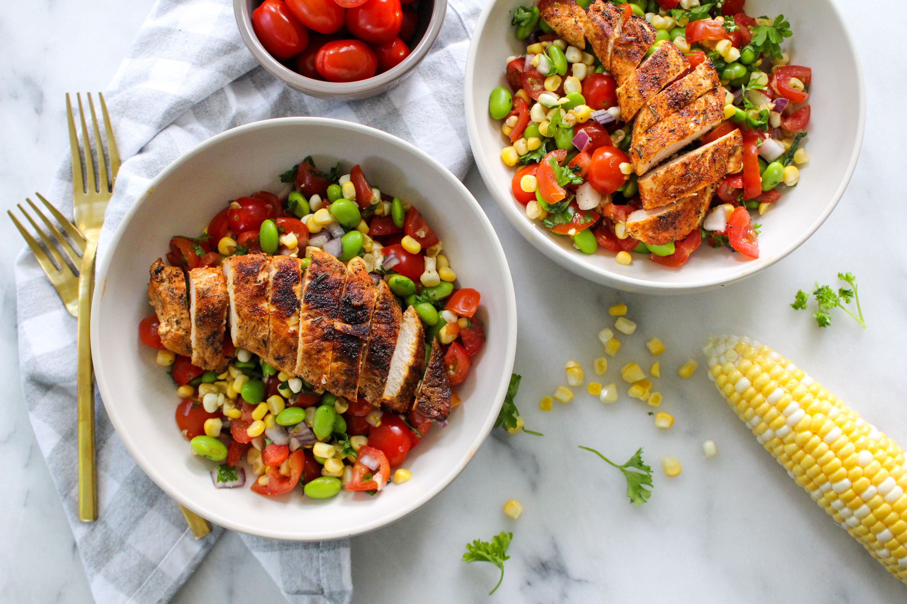 Edamame Corn And Tomato Salad With Cajun Seasoned Chicken 