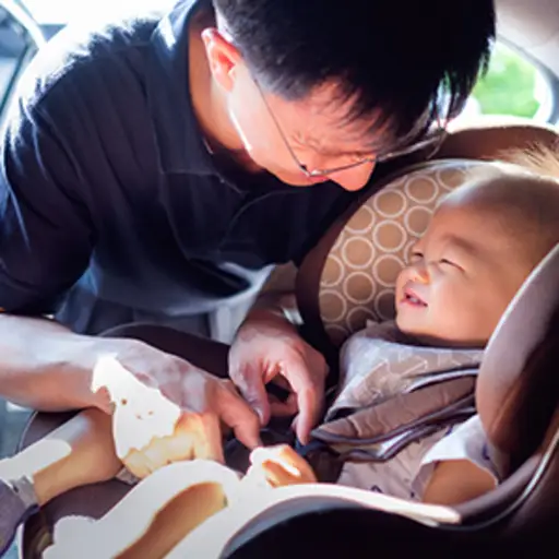 把婴孩放的微笑的父亲在汽车座位。