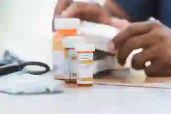 A view of prescription blood pressure medications on a desk
