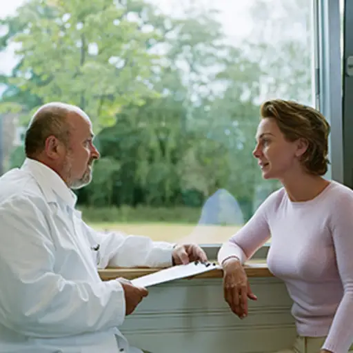 妇女用窗口谈话与她的医生。