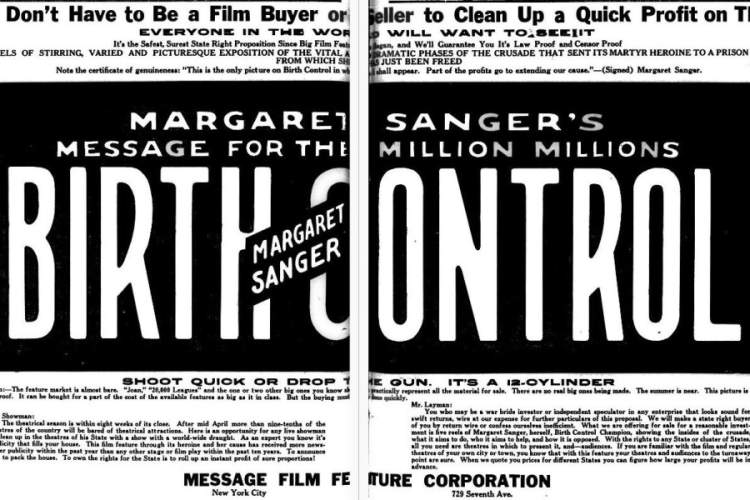 玛格丽特·桑格的美国纪录片《计划生育》(1917年)的两页广告