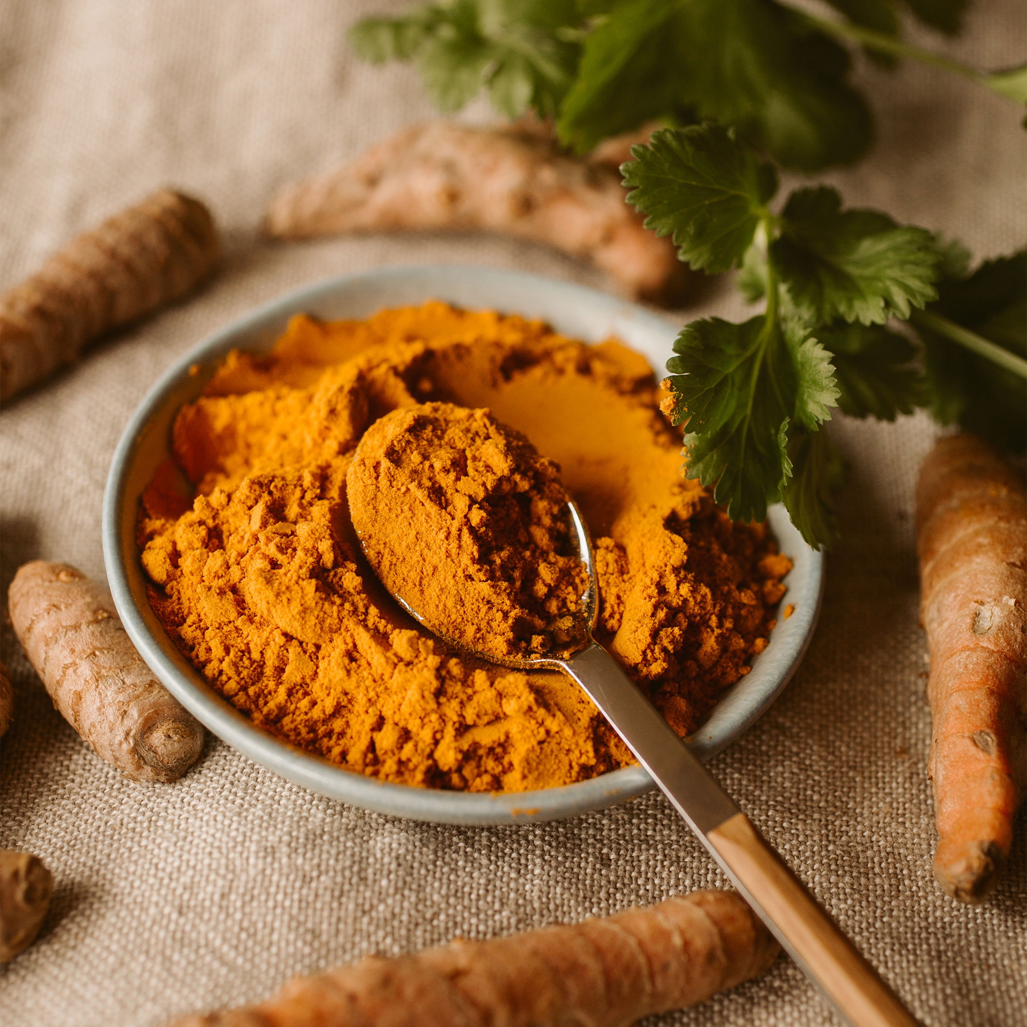 一个视图的姜黄粉用汤匙一道菜