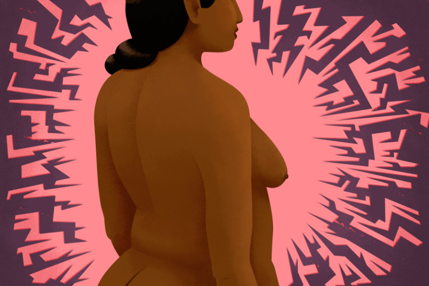 插图开幕词——不祥，女人转向一边，乳腺癌概念