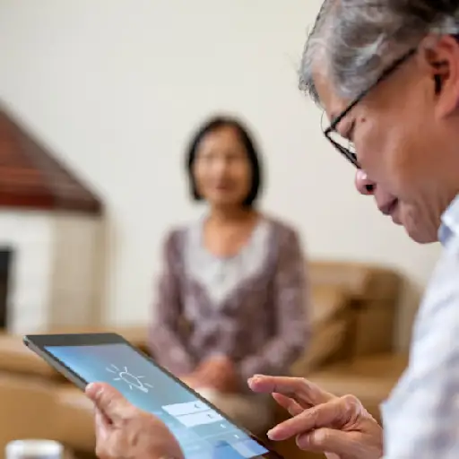 一个高年级的男人拿着家用安全设备看着ipad