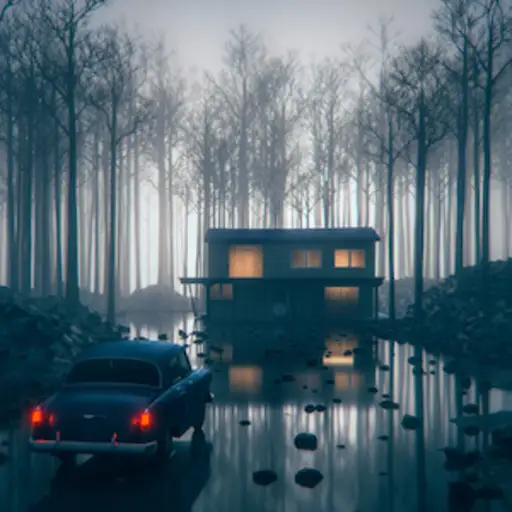 Nightmare, old car driving on road of water up to dark creepy cabin.