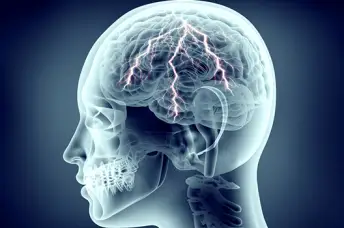 人脑中有闪电的头部x光片，疼痛概念。