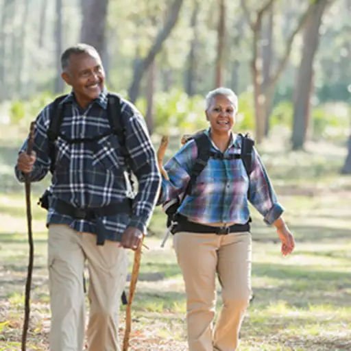 Seniors hiking through the woods.