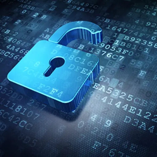 Opened padlock logo on alphanumeric background.