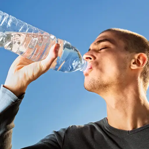 喝瓶装水的男人。