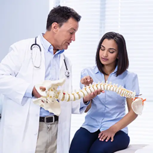病人在脊椎解剖模型上指出她感到疼痛的地方。