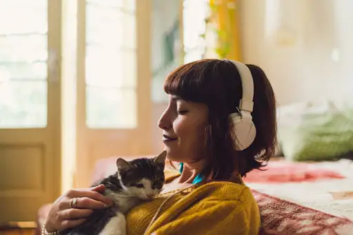 戴耳机的女人抱着小猫