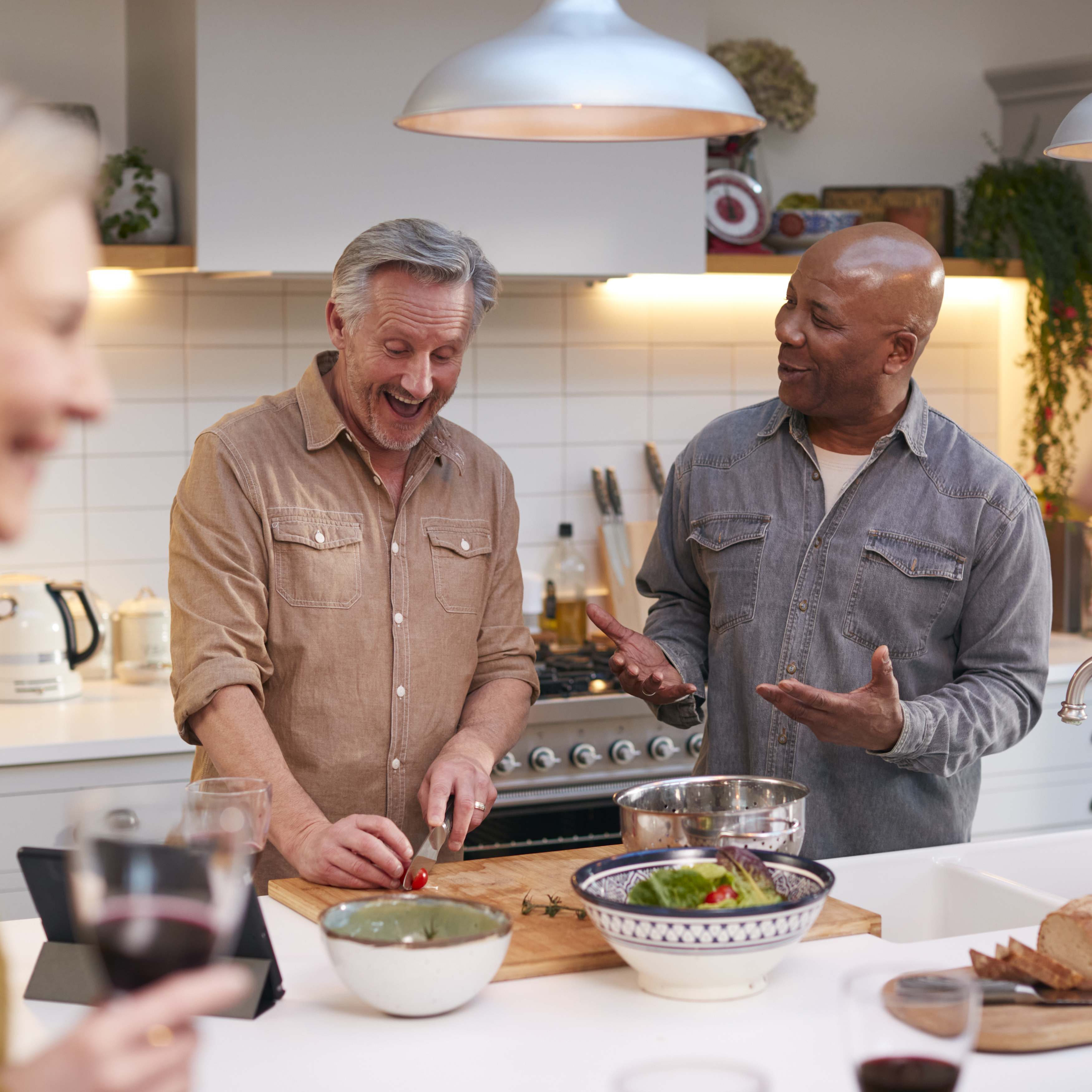 一群成熟的朋友在家里聚会，一起准备一顿饭，一起喝酒。