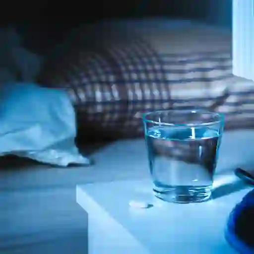 床头柜上的一片药丸和一杯水