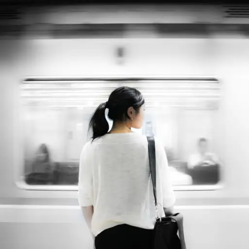 一个女人独自站在火车旁