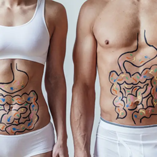 在一个男人和一个妇女画的肠道健康概念。