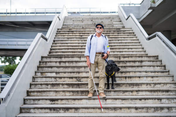 高级盲人带着导盲犬走在城市楼梯