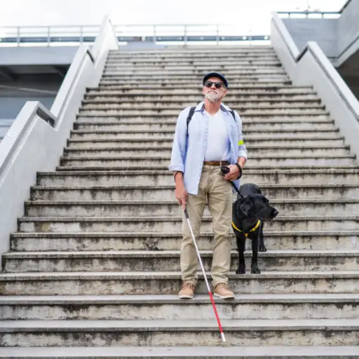 Senior blind man with guide dog walking down the stairs in city