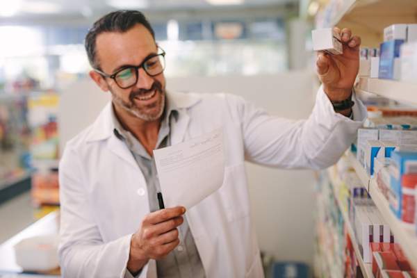 化学家看处方,在药店货架上搜索处方药
