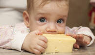 婴儿吃奶酪块。