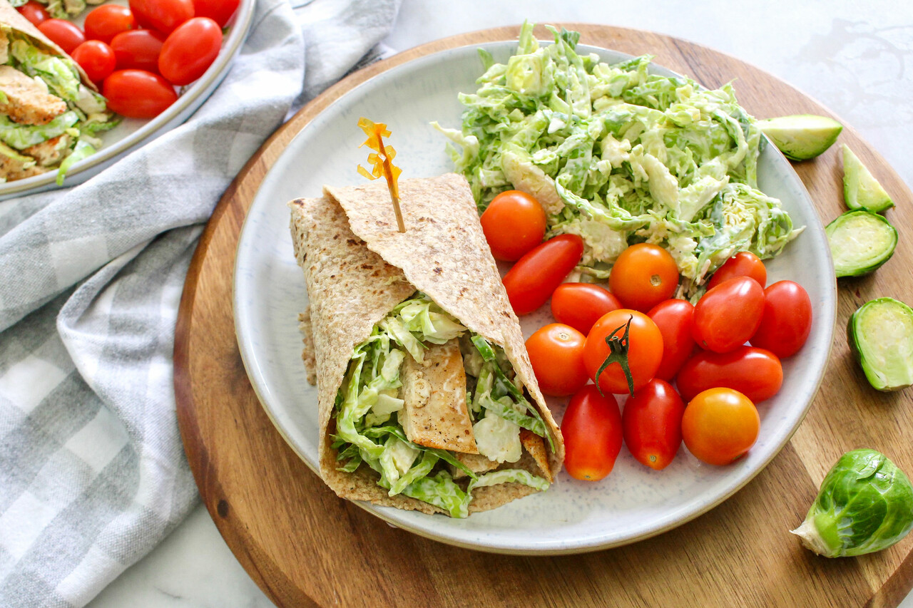 Shredded Brussels Sprouts & Chicken Caesar Salad Wraps