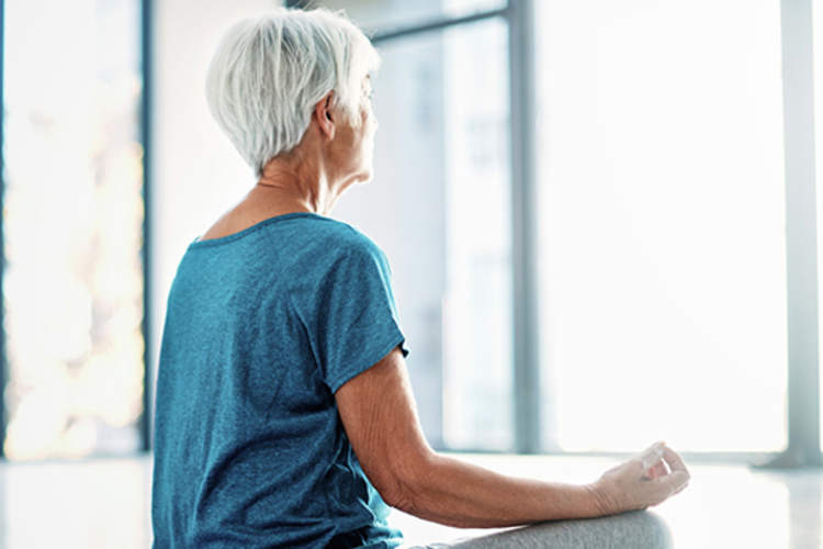 高级女子由一个窗口打坐。