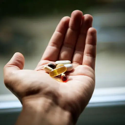 维生素和药丸在人手中
