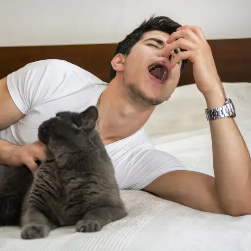 男人躺在床上抚摸着猫，打喷嚏