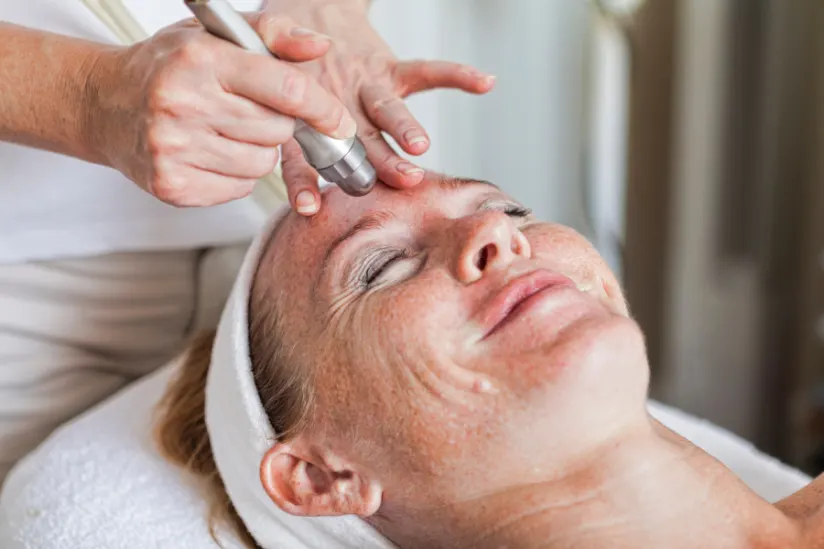 美容师使用女性脸上的工具